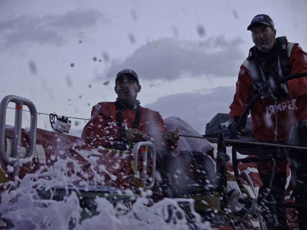 Roberto Bermudez de Castro and Rob Salthouse in the white wash onboard CAMPER with Emirates Team New Zealand during leg 1 of the Volvo Ocean Race 2011-12 © Hamish Hooper/Camper ETNZ/Volvo Ocean Race